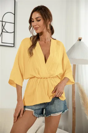 V-Neck Gathered Sunrise Blouse