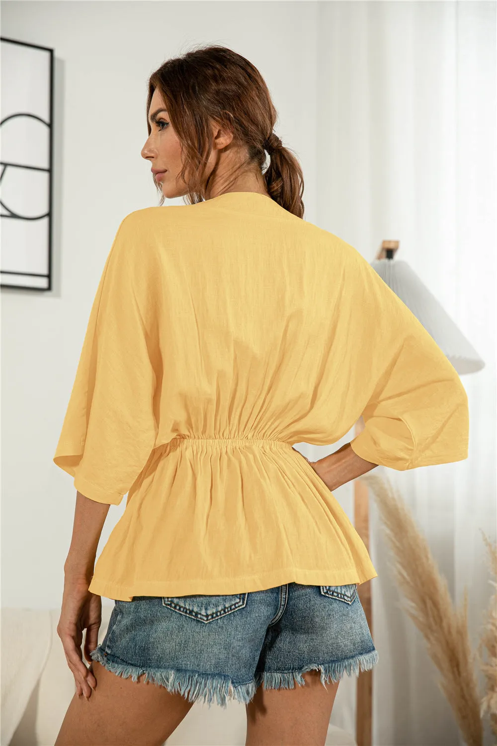 V-Neck Gathered Sunrise Blouse