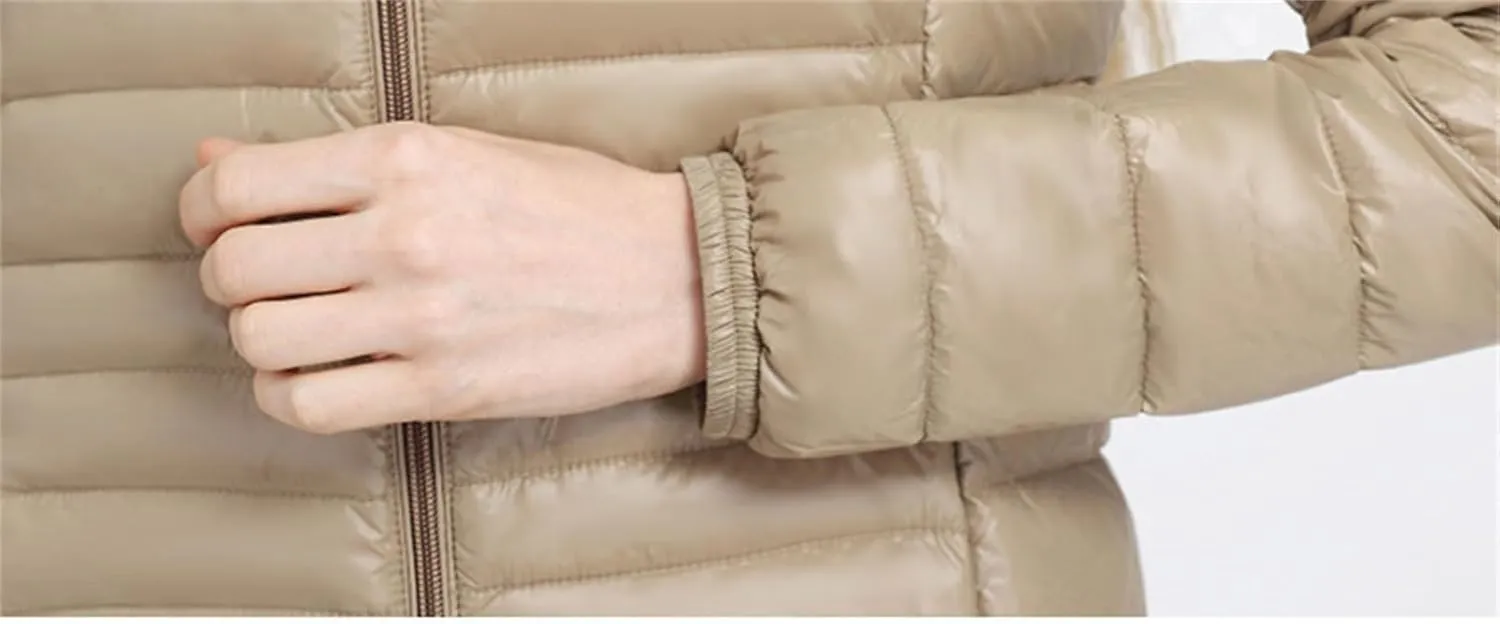 Women Long Warm Light Down Jacket Ladies Fashion Hooded With Portable Puffer Coats