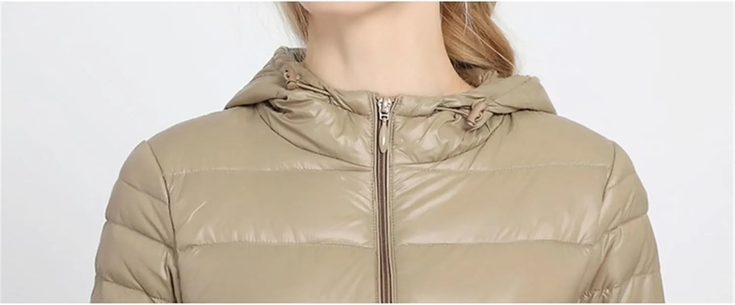 Women Long Warm Light Down Jacket Ladies Fashion Hooded With Portable Puffer Coats