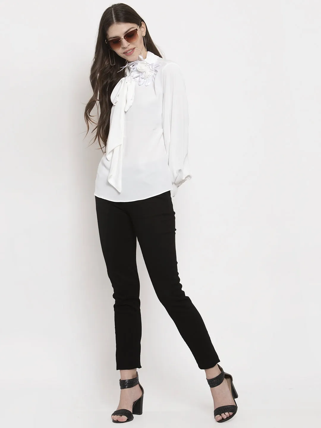Women Solid High Neck Tied Top