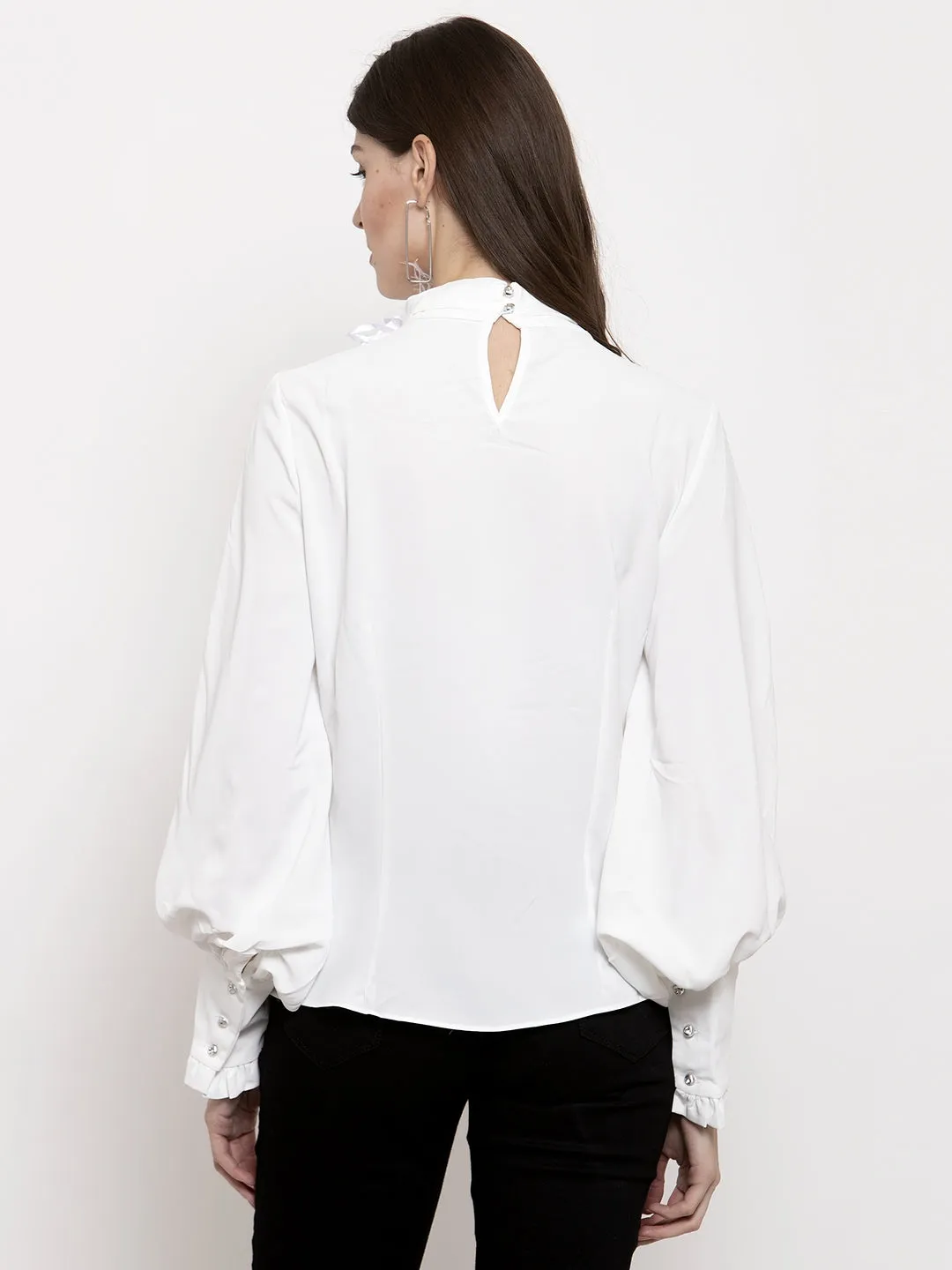 Women Solid High Neck Tied Top