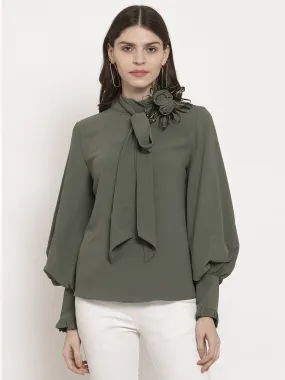 Women Solid High Neck Tied Top