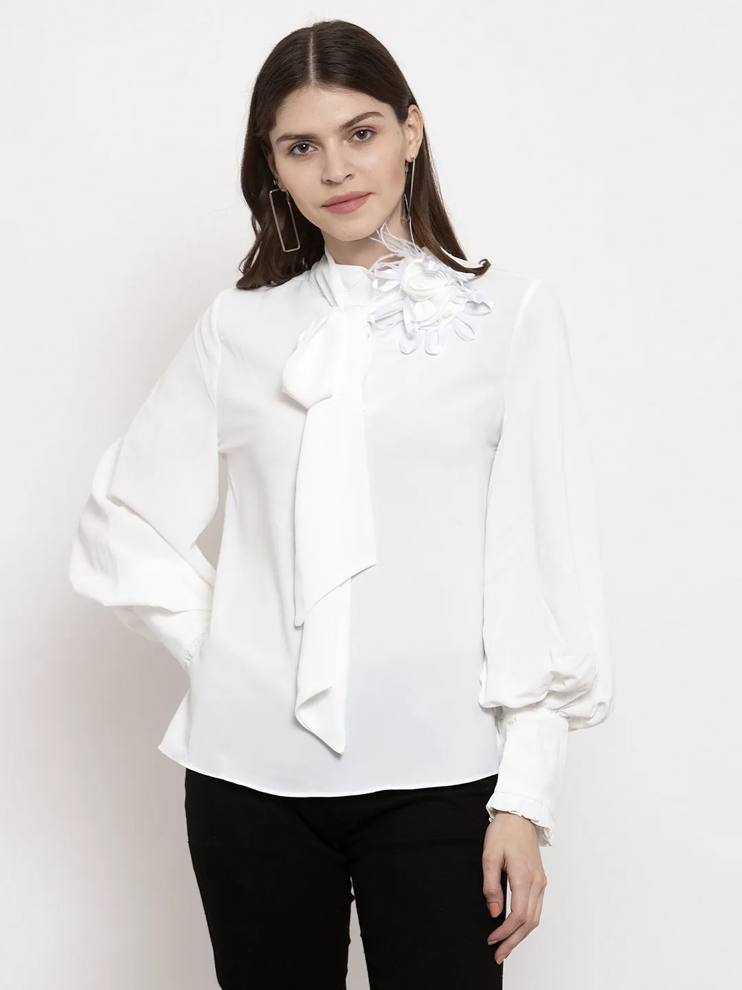 Women Solid High Neck Tied Top