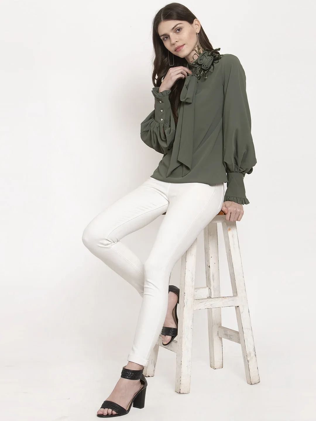 Women Solid High Neck Tied Top