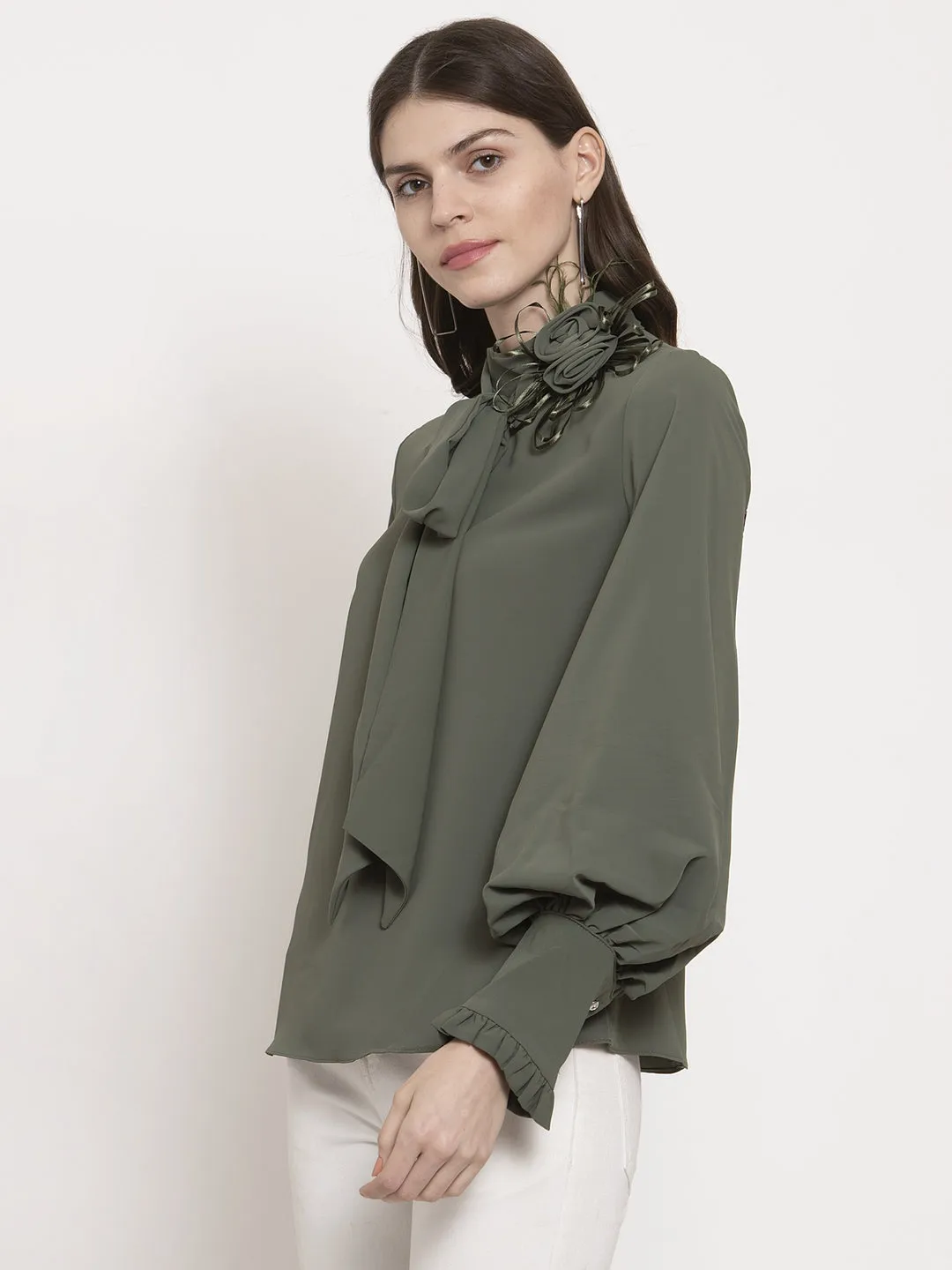 Women Solid High Neck Tied Top