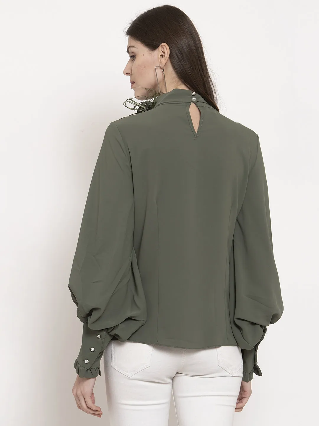 Women Solid High Neck Tied Top