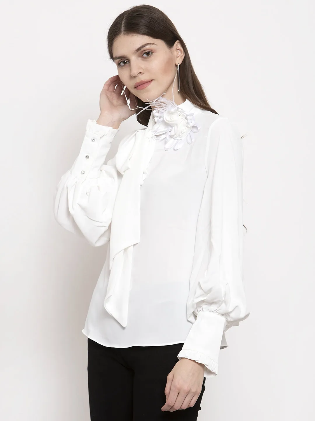 Women Solid High Neck Tied Top