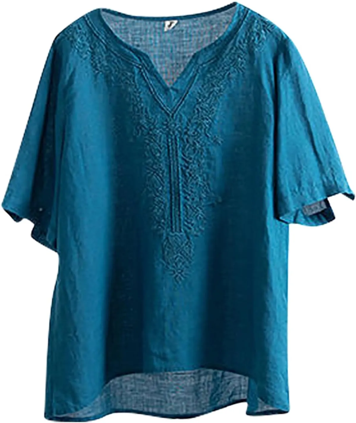Women Summer Thin Shirt Floral Embroidery Linen Shirts 3/4 Sleeve Scoop Neck Bohemian Top Blouse Quick Dry Breathable