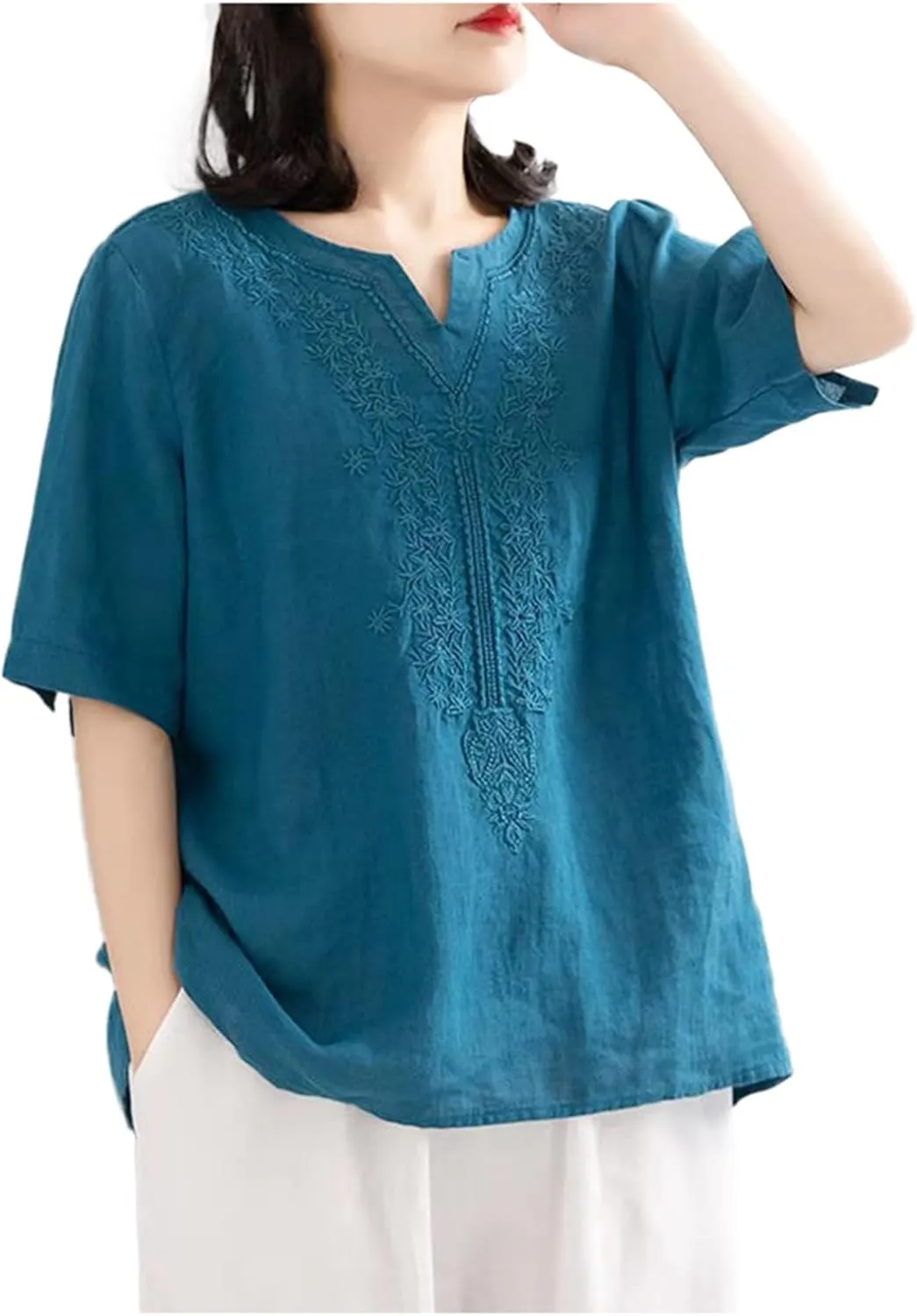 Women Summer Thin Shirt Floral Embroidery Linen Shirts 3/4 Sleeve Scoop Neck Bohemian Top Blouse Quick Dry Breathable