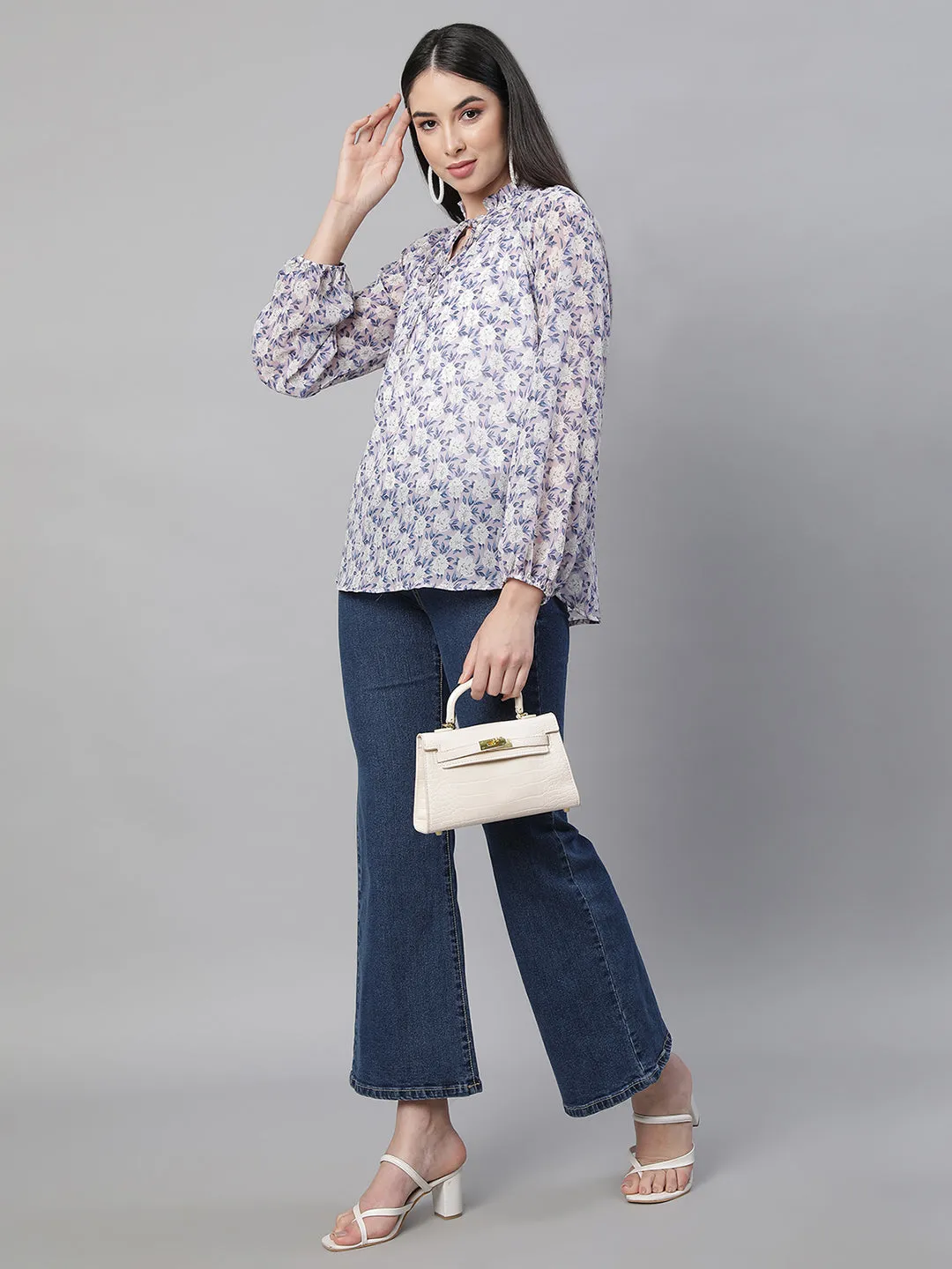 Women Turtle Neck Mauve Floral Printed Blouson Top