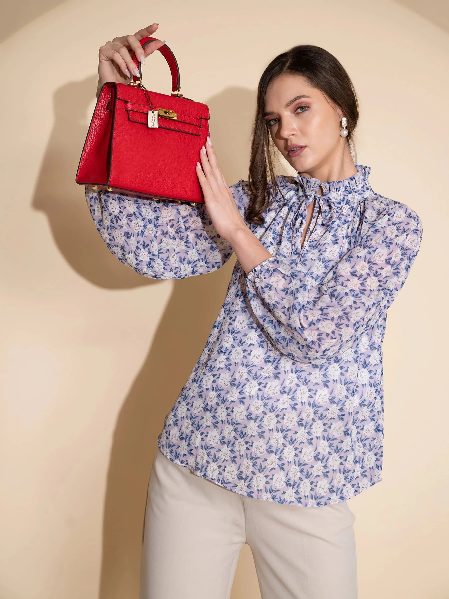 Women Turtle Neck Mauve Floral Printed Blouson Top