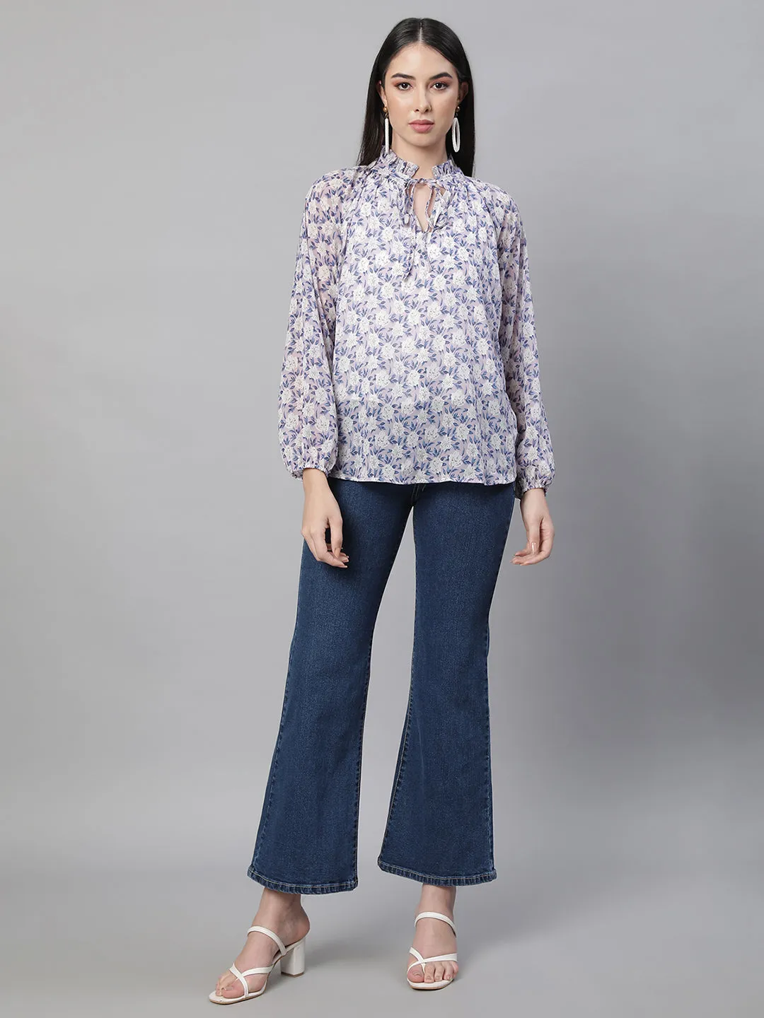 Women Turtle Neck Mauve Floral Printed Blouson Top