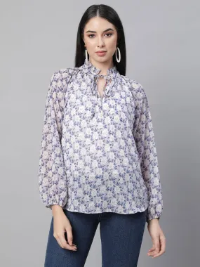 Women Turtle Neck Mauve Floral Printed Blouson Top