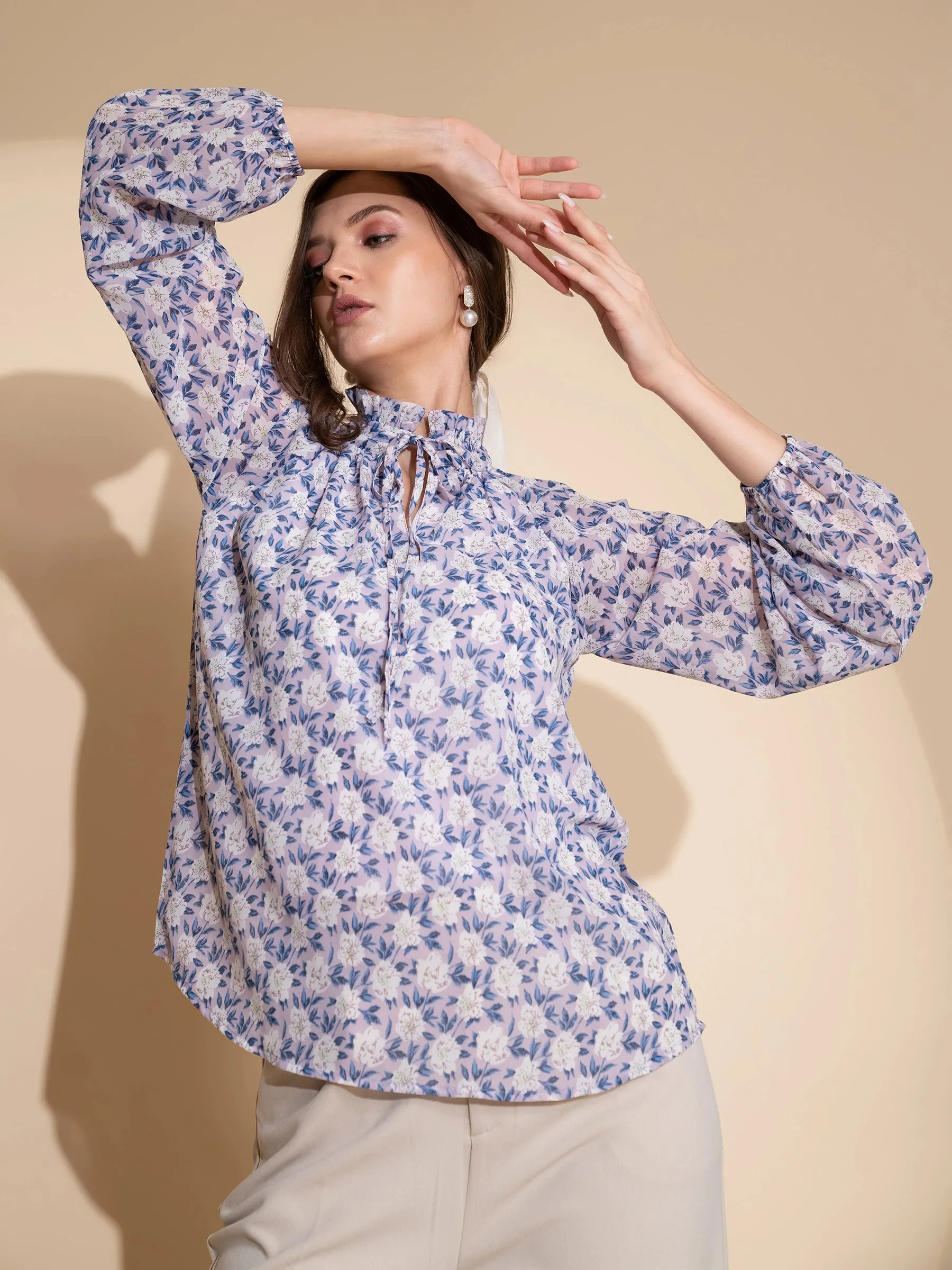 Women Turtle Neck Mauve Floral Printed Blouson Top