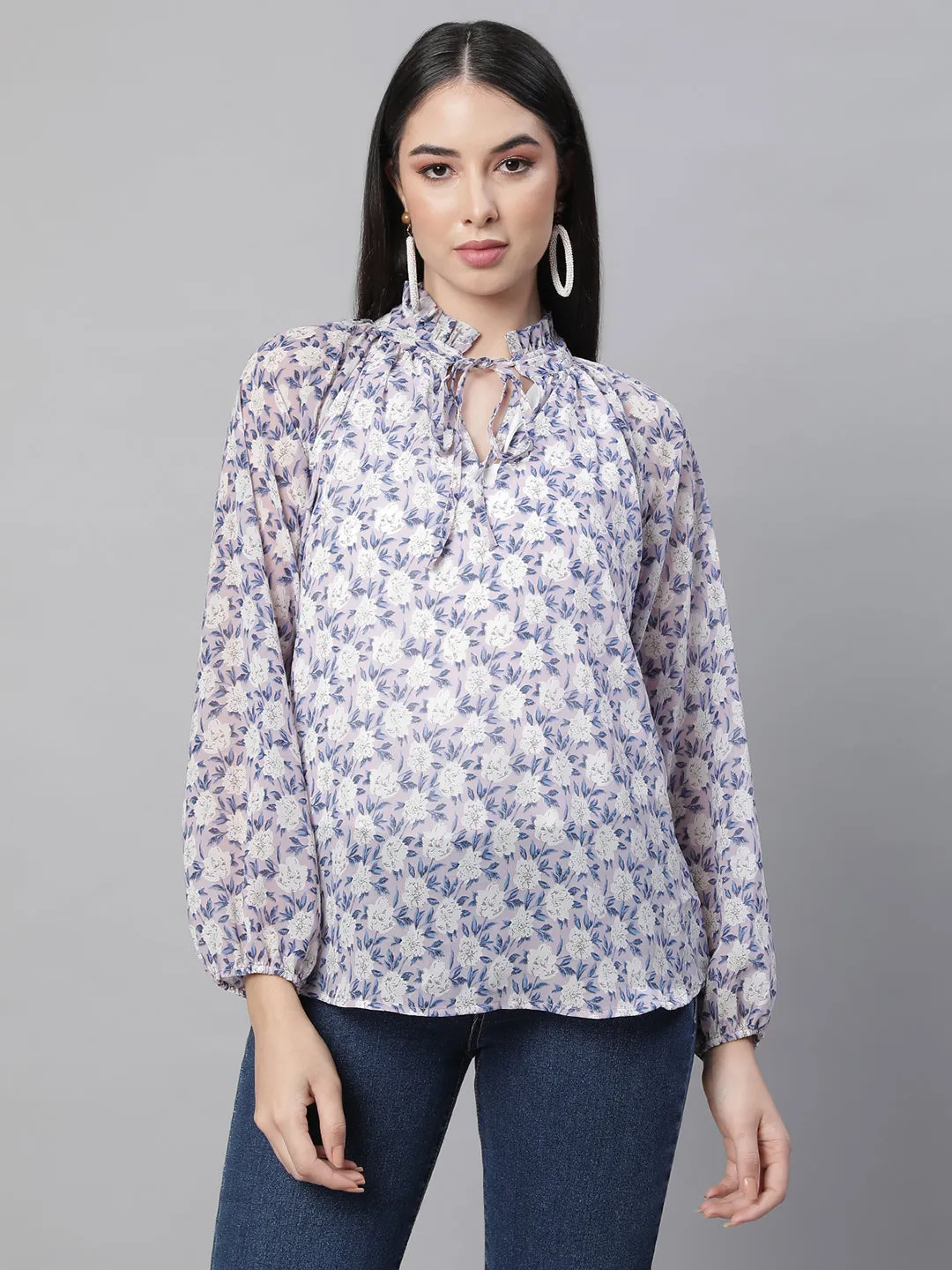 Women Turtle Neck Mauve Floral Printed Blouson Top