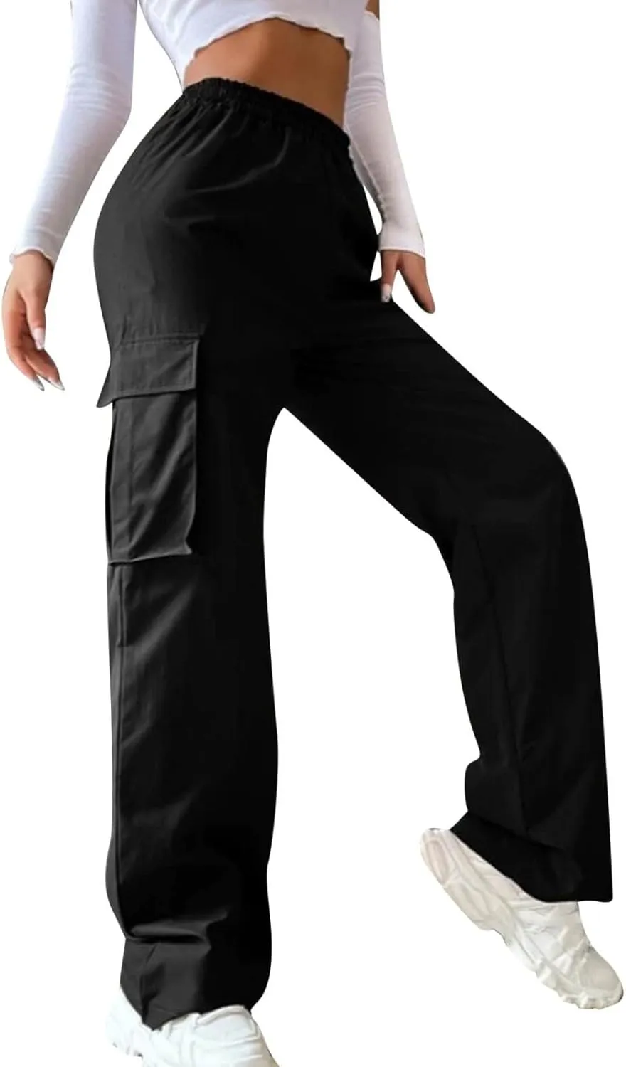 Women's Belt Less High Waisted Wide Leg Trousers Straight Leg Relaxed Style Casual Pants Ladies Slim Fit Cargo