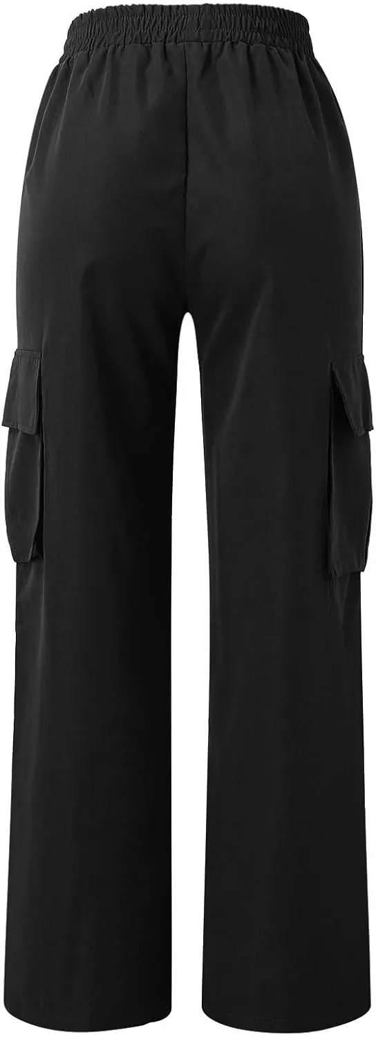 Women's Belt Less High Waisted Wide Leg Trousers Straight Leg Relaxed Style Casual Pants Ladies Slim Fit Cargo