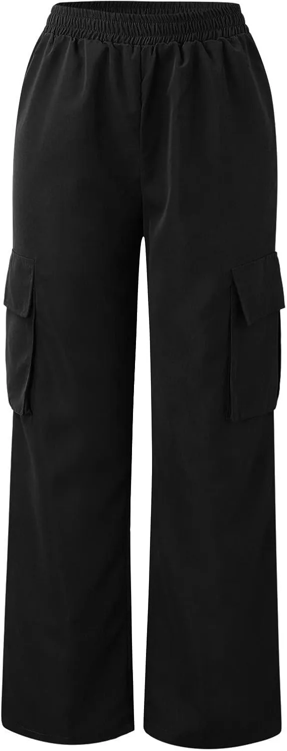 Women's Belt Less High Waisted Wide Leg Trousers Straight Leg Relaxed Style Casual Pants Ladies Slim Fit Cargo
