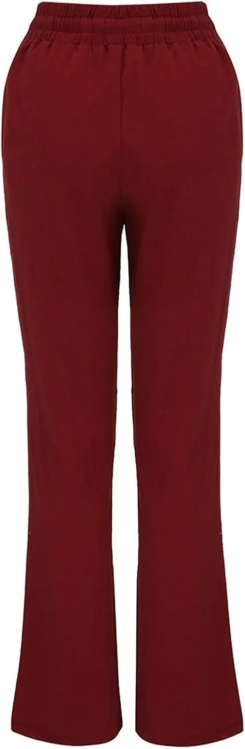 Women's Casual Cotton Linen Pants Relaxed Fit Elastic Waist Straight Leg Comfy Solid Color Pockets Lounge Long Trouser
