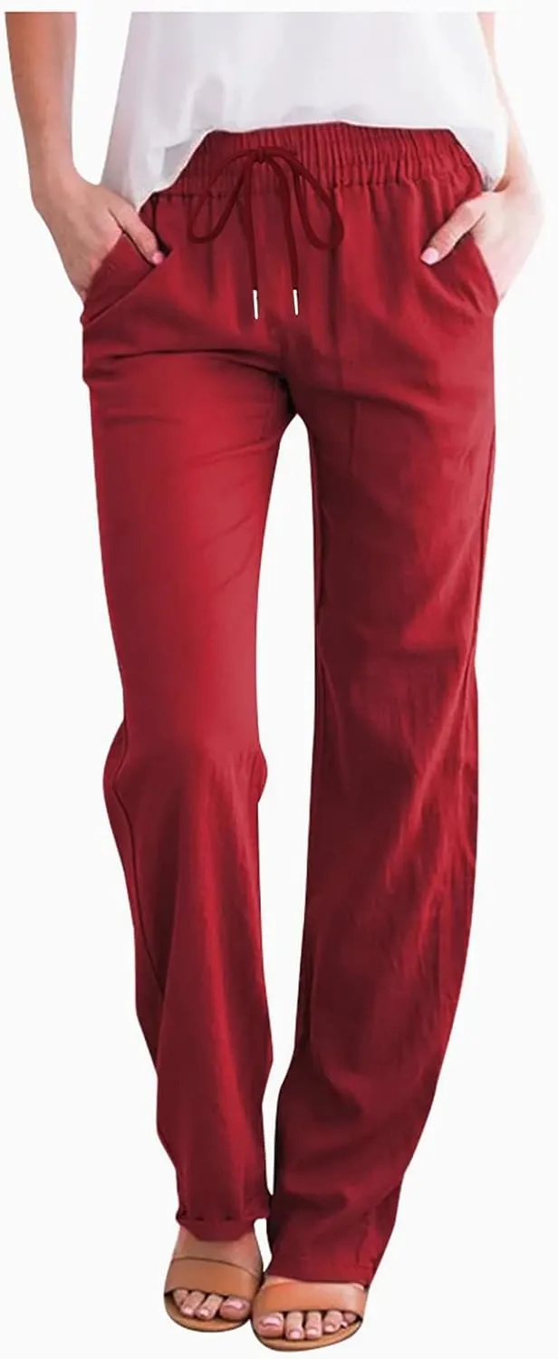 Women's Casual Cotton Linen Pants Relaxed Fit Elastic Waist Straight Leg Comfy Solid Color Pockets Lounge Long Trouser