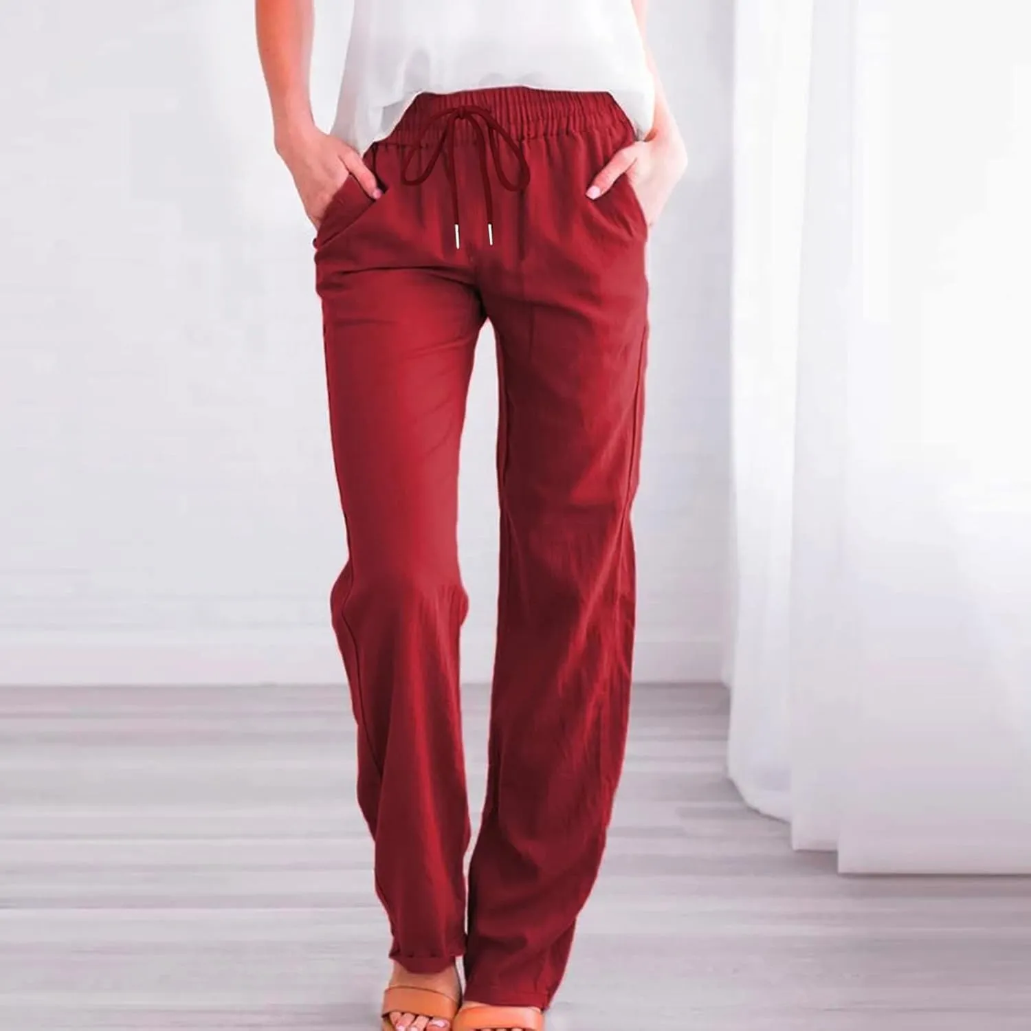 Women's Casual Cotton Linen Pants Relaxed Fit Elastic Waist Straight Leg Comfy Solid Color Pockets Lounge Long Trouser