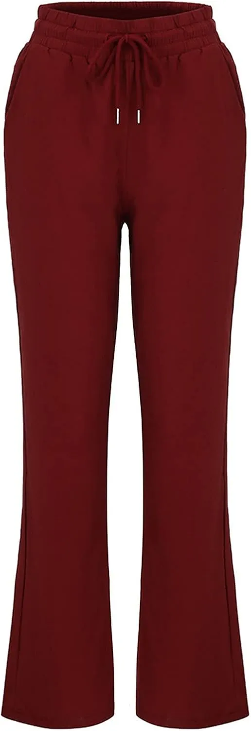 Women's Casual Cotton Linen Pants Relaxed Fit Elastic Waist Straight Leg Comfy Solid Color Pockets Lounge Long Trouser