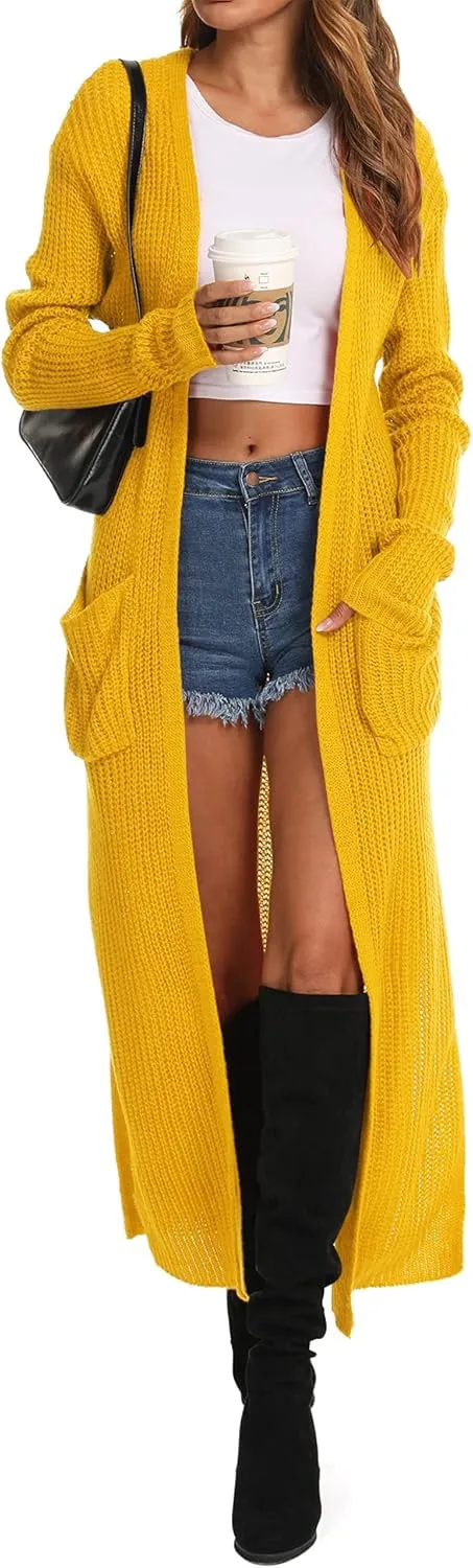 Womens Casual Long Sleeve Split Open Cardigan Knit Long Cardigan Sweaters with Pockets Fall Fashion 2024