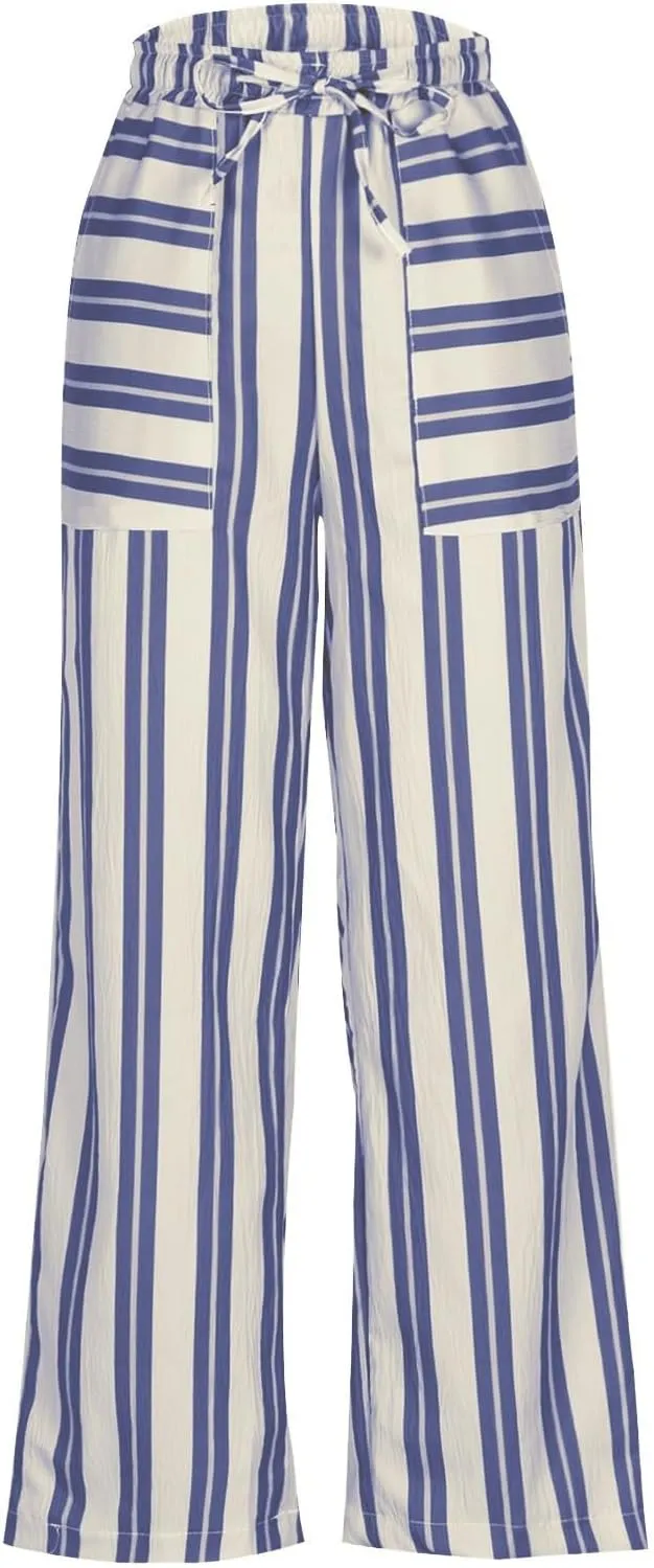Women's Casual Pants High Waisted Striped Straight Wide Leg Ladies Baggy Relaxed Fit Y2k Trousers Pockets Plus Size