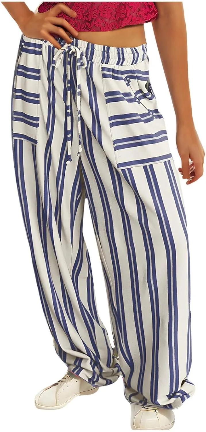 Women's Casual Pants High Waisted Striped Straight Wide Leg Ladies Baggy Relaxed Fit Y2k Trousers Pockets Plus Size