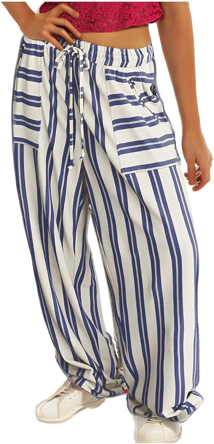 Women's Casual Pants High Waisted Striped Straight Wide Leg Ladies Baggy Relaxed Fit Y2k Trousers Pockets Plus Size