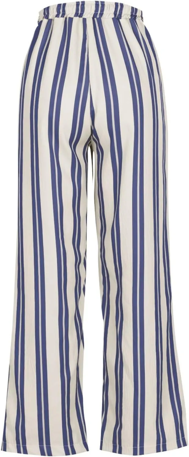 Women's Casual Pants High Waisted Striped Straight Wide Leg Ladies Baggy Relaxed Fit Y2k Trousers Pockets Plus Size