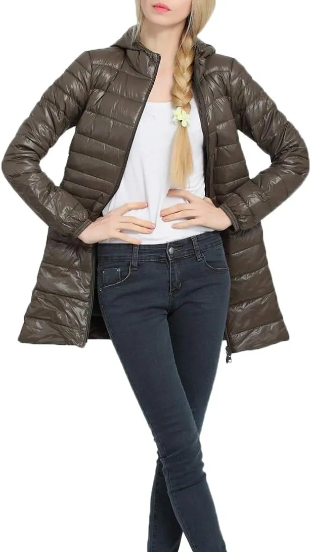 Women's Hooded Ultra Light Weight Coat Packable Outwear Long Puffer Down Jacket