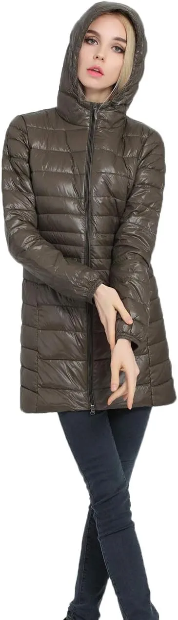 Women's Hooded Ultra Light Weight Coat Packable Outwear Long Puffer Down Jacket