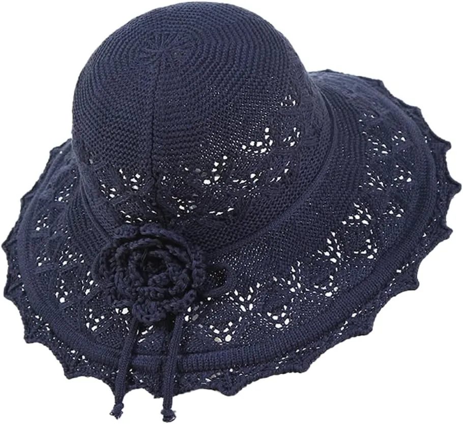 Womens Ruffled Flowers Summer Beach Hat Wide Brim Knitted Sun Hats Foldable Floppy Summer Cap for Travel Decoration