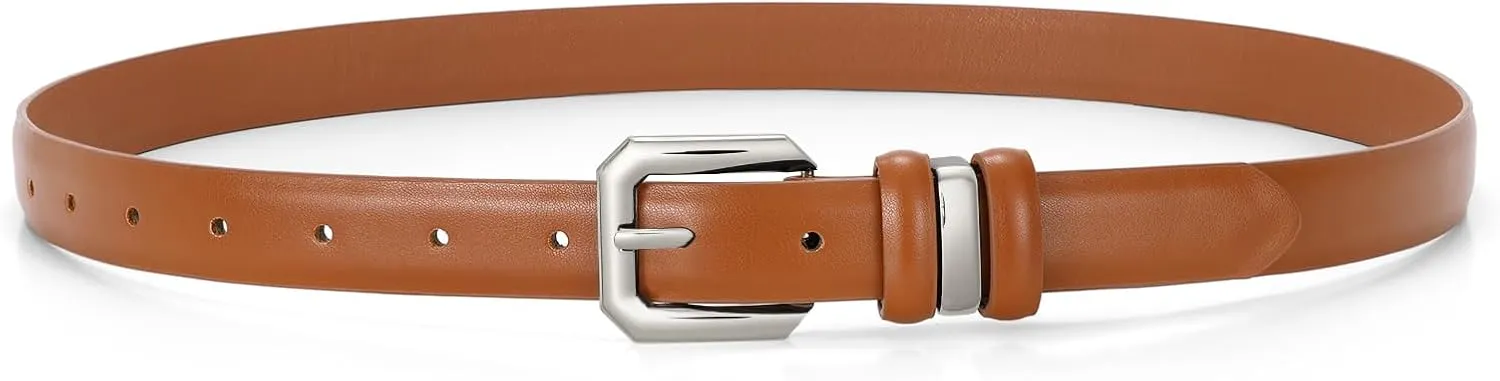 XZQTIVE Women Leather Belt for Jeans Pants Dresses Fashion Ladies Skinny Leather Belt with Silver Buckle